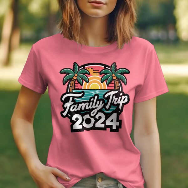 Family Trip 2024 T-Shirt with Sunset and Palm Trees, Summer Vacation Tee, Retro Style Graphic Shirt