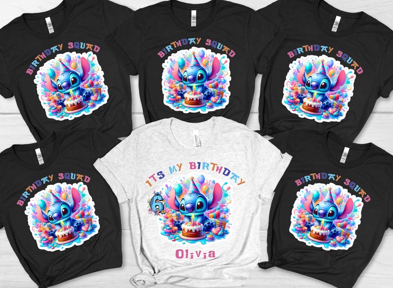 White Shirt: Birthday Girl-Pink color text design
Black Shirts: Birthday Squad design