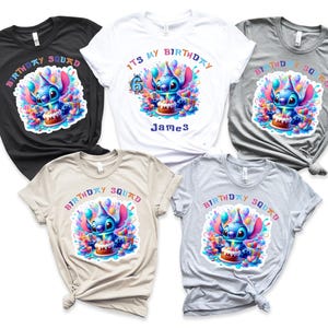 May include: Several t-shirts in different colours, each displaying a vibrant graphic of a blue alien character with a birthday cake. The shirts are printed with the phrases "Birthday Squad" or "It's My Birthday".