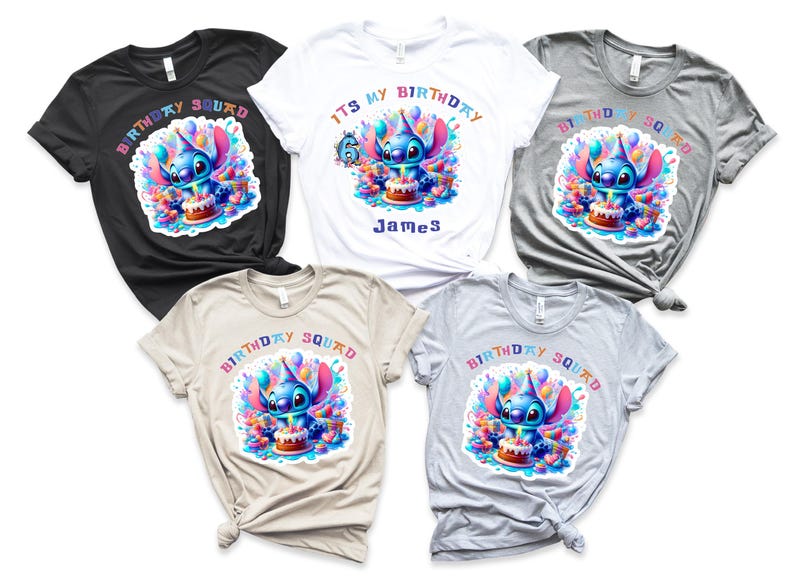 May include: Several t-shirts in different colours, each displaying a vibrant graphic of a blue alien character with a birthday cake. The shirts are printed with the phrases "Birthday Squad" or "It's My Birthday".
