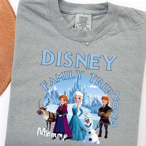 Może przedstawiać: Szara koszulka Comfort Colors z motywem Disney Family Trip z postaciami z filmu Kraina Lodu. Projekt zawiera tekst "Disney Family Trip 2026" i słowo "Mommy". Widoczny jest r&oacute;wnież złoty naszyjnik i brązowy kapelusz.