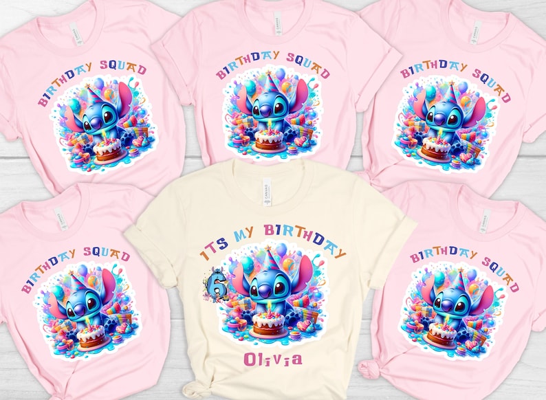 Yellow Shirt: Birthday Girl-Pink color text design
Pink Shirts: Birthday Squad design