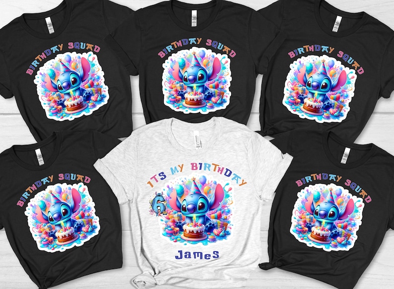 White Shirt: Birthday Boy-Blue color text design
Black Shirts: Birthday Squad design