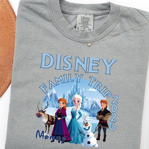 Może przedstawiać: Szara koszulka Comfort Colors z motywem Disney Family Trip. Projekt zawiera napis "Disney Family Trip 2026" oraz grafikę postaci z filmu Kraina Lodu. Widoczny jest r&oacute;wnież złoty naszyjnik z zawieszką w kształcie gwiazdy.