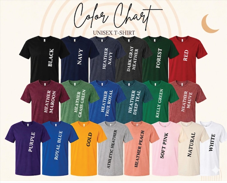 May include: A color chart for unisex t-shirts, showcasing various colors like black, navy, and red. The image displays a range of t-shirts in different hues, including heather, forest, and gold. Text labels identify each color option.