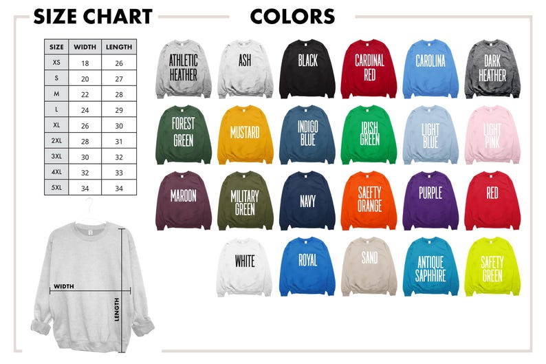 May include: A size chart and color options for sweatshirts are displayed. Colors include black, red, blue, green, and more. Sizes range from XS to 5XL, with width and length measurements in inches.