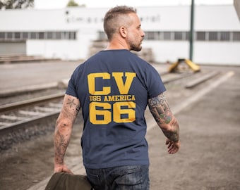Vintage Style CV-66 USS America T-Shirt, Unique Graphic Tee for History Buffs, US Navy Aircraft Carrier Shirt Gift