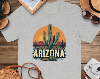 Arizona Wüste Sonnenuntergang Kaktus T-Shirt, Vintage Arizona Souvenir T-Shirt, Retro Style Wüsten Grafik Shirt, Kaktus Liebhaber Geschenk