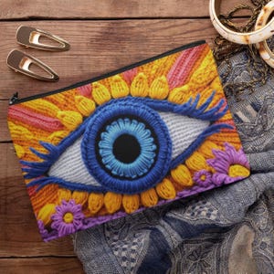 Boho Knit Crochet Accessory Pouch, Stylish Evil Eye Makeup Bag, Purse Organizer, Gift for Her, Travel Toiletry Case, Everyday Clutch