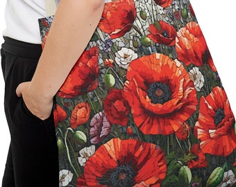 Poppy Mosaic Tote Bag. This charming tote features an August birth flower, the poppy. 3 sizes. Makes a nice August birthday gift.