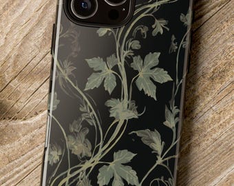 Dark Moody Botanical Vine Phone Case. Twisting vines and leaves on black in a camouflage palette of olive, sage and taupe. Many phone models