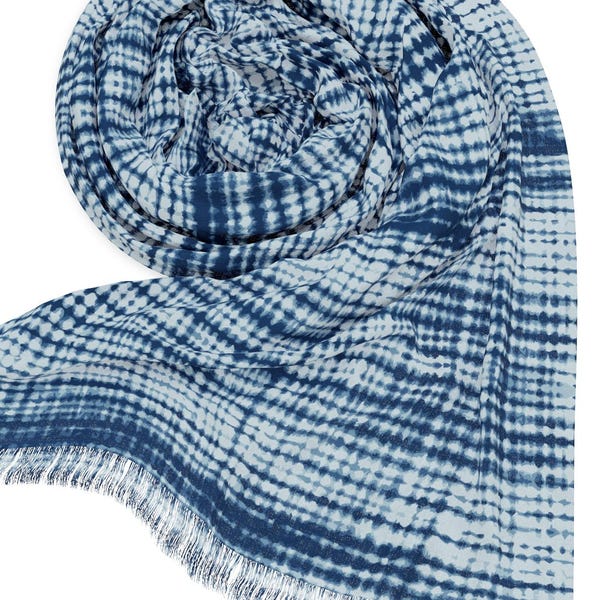 Indigo Shibori Inspired Scarf or Sarong. Featuring a striking indigo blue-on-light blue pattern with the look of hand-dyed textile art.
