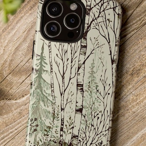 Custodia per telefono Scandinavian Forest. Alberi di betulla e pino, ramoscelli e fogliame disegnati con un'atmosfera nordica tranquilla e naturale. Molti modelli di telefono.