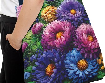 Aster Mosaic Tote Bag. This charming tote features a September birth flower, the aster. 3 sizes. Makes a nice September birthday gift.