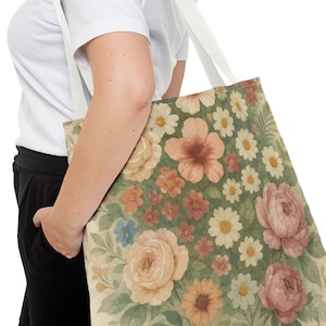 Flower Garden Floral Tote Bag.  With warm creams, peachy pinks, and sage greens, this tote has the charm of an old-fashioned cottage garden.