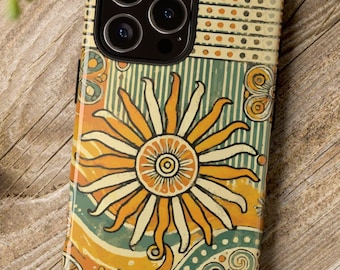 Groovy Sunburst Phone Case. A bold stylized sunburst surrounded by vibrant waves and whimsical patterns gives 1960s vibes. Many phone models
