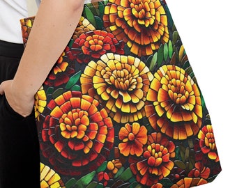 Marigold Mosaic Tote Bag. This charming tote features an October birth flower, the marigold. 3 sizes. Makes a nice October birthday gift.