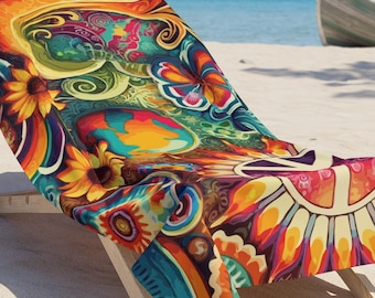 Retro Vibes & Peace Beach Towel. Embrace the Summer of Love and