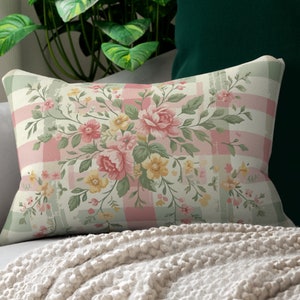 Pink and Green Gingham Lumbar Pillow. Featuring a floral design on pastel pink and green gingham, bringing a touch of vintage charm.
