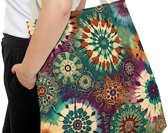 Boho Tie-Dye Inspired Tote Bag.  Featuring vibrant mandala patterns in earthy tones such as turquoise, orange, and deep purple. 3 sizes.