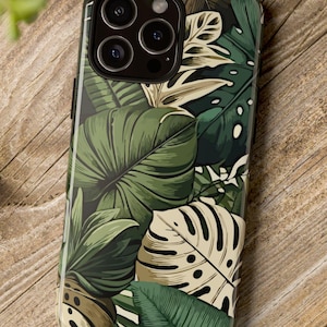Tropical Foliage Phone Case. Lush tropical leaves in shades of green and beige bring a touch of the jungle to daily life. Many phone models.