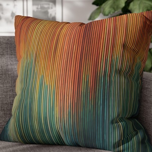 Taie d'oreiller moderne à rayures. Lignes de tons chauds du soleil couchant comme la rouille, l'orange et le jaune doré se fondant dans un bleu sarcelle profond, du gris et du vert. 5 tailles.