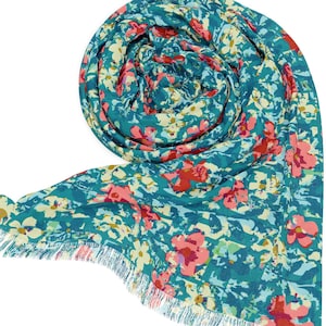 Impressionistic Floral Painterly Scar. A turquoise backdrop with brushstroke-style blooms in coral red, yellow and white. 1-sided print.