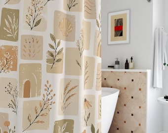 Cortina de ducha moderna estilo bohemio con diseño de patchwork. Una delicada disposición de azulejos orgánicos en tonos arena, beige, verde salvia y terracota suave.