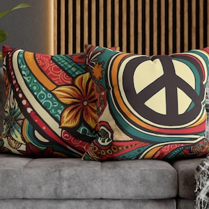 Two-Sided Peace Sign Pillowcase. A vibrant hippie era 1960s design with a bold peace sign and floral accents. Pillow not included. 5 sizes.
