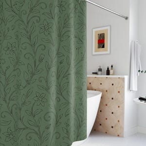 Chinoiserie-Inspired Sketched Cloth Shower Curtain. Graceful birds perched on winding black line art vines and florals on dark sage green.