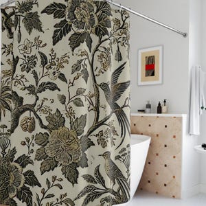Vintage-Inspired Chinoiserie Cloth Shower Curtain. Featuring tree branches,  florals, and exotic birds in olive green and muted gold.
