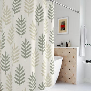 Modern Leafy Cloth Shower Curtain. Featuring a pattern of stylized leaves in soft sage green and warm beige on an ivory background.