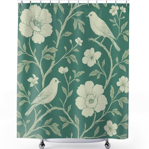 Vintage Chinoiserie Inspired Green Teal Botanical Cloth Shower Curtain. Birds, branches and blossoms on a rich, teal green backdrop.