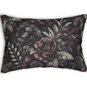 Gothic Dark Floral Lumbar Pillow. Featuring dark florals with deep purples, blacks, and reds as an artistic accent evoking a moody vibe.