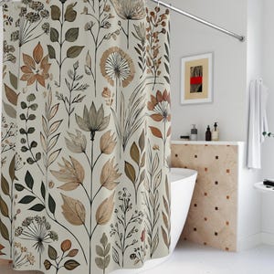 Earthy Botanical Cloth Shower Curtain. Featuring a delicate collection of sketched wildflowers and foliage arranged in a harmonious pattern.