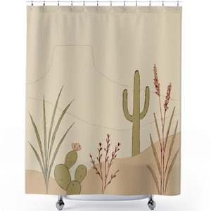 May include: A beige shower curtain with a desert landscape design. The design features a tall cactus, prickly pear cactus, and desert grasses in shades of green, brown, and red.
