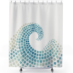 May include: White shower curtain with a mosaic wave design in shades of blue and green. The wave is composed of small, square tiles, creating a textured, artistic look. The curtain hangs from a metal rod.