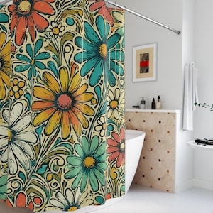 Retro Hippie Daisy Cloth Shower Curtain. A distressed, vibrant, colorful, daisy-filled design with free-spirited 1960s and 1970s vibes.