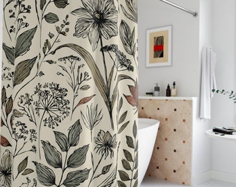 Modern Boho Rustic Botanical Cloth Shower Curtain. An arrangement of sketched florals and foliage, black line art and earthy-toned shading.