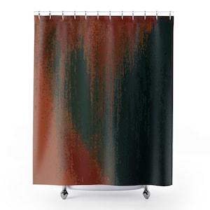 May include: A shower curtain with an abstract design. The curtain features vertical brushstrokes in shades of rust, dark green, and black. The color palette creates a textured, artistic appearance, suitable for a bathroom.