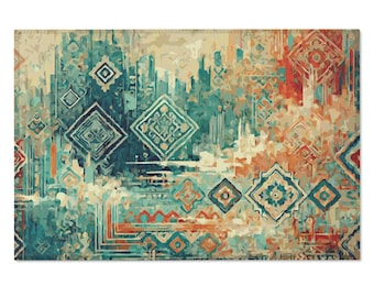 Rusty Orange and Teal Earthy Stylized Area Rug. Featuring geometric pattern with impressionistic lake view in earth colors.  3 sizes.