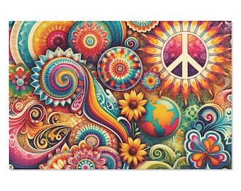Groovy Vibes Rug. Psychedelic rug reminiscent of the 60s or 70s. Unleash your inner hippie. Gift for bohemian or boho style lover. 6 sizes.