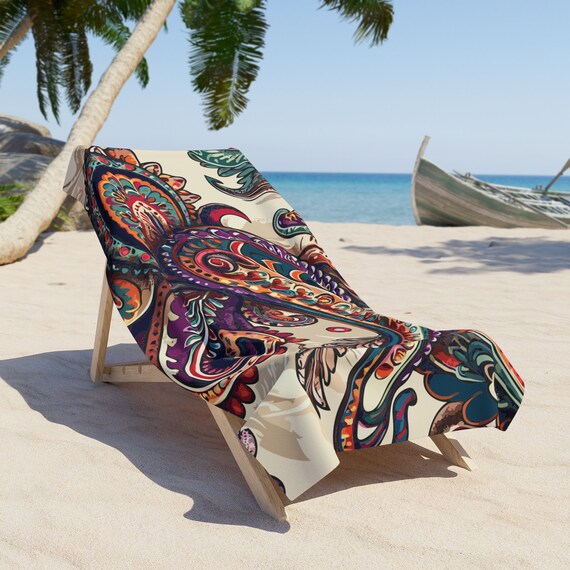 Paisley Boho Beach Towel. A Paisley Boho Pattern in Purple Orange and Gold Swirling Teardrop Shapes and Intricate Curves. 2 Sizes. Etsy