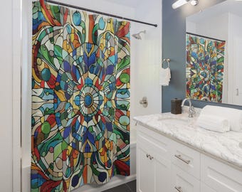 Stained Glass Shower Curtain. Cloth. Kaleidoscope of vibrant hues arranged symmetrically. Echoes the artistry of traditional stained glass.