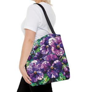 Violet Mosaic Tote Bag. This charming tote features a February birth flower, the violet. 3 sizes. Nice February birthday gift.