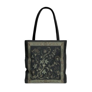 Vintage Inspired Botanical Tote Bag. A tapestry-inspired border frames olive green wildflowers and vines on black. 3 sizes, 2 strap colors.