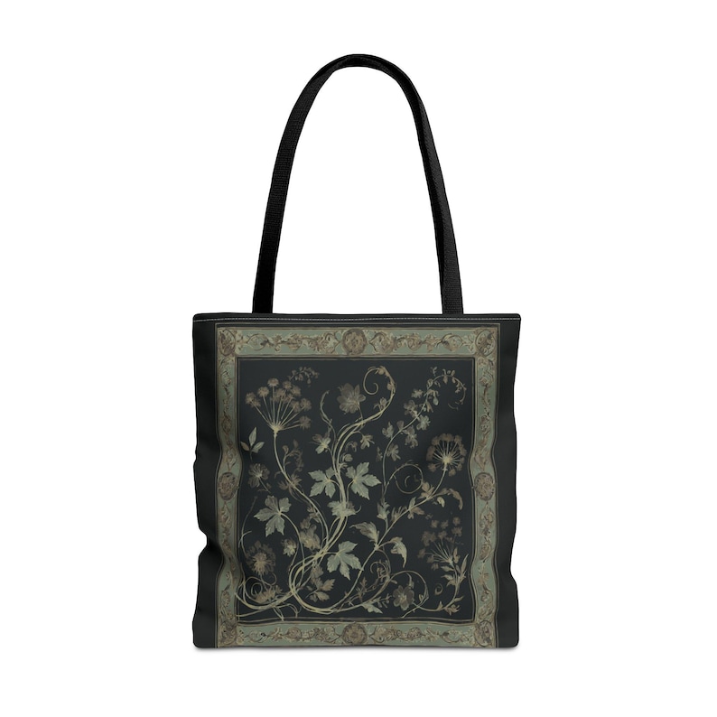 Vintage Inspired Botanical Tote Bag. A tapestry-inspired border frames olive green wildflowers and vines on black. 3 sizes, 2 strap colors.