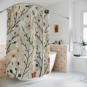 May include: A shower curtain with a floral pattern featuring branches with red, blue, and white flowers on a beige background.