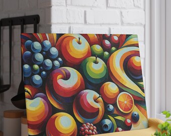 Tabla de cortar de vidrio de frutas abstractas. Un diseño animado de frutas coloridas proporciona una combinación de estilo artístico y practicidad para su cocina.