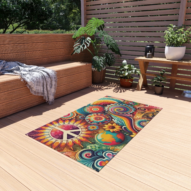 Vector Hippy Rug Groovy Vibes Outdoor Rug. Psychedelic Rug Reminiscent of the 60s or 70s ...